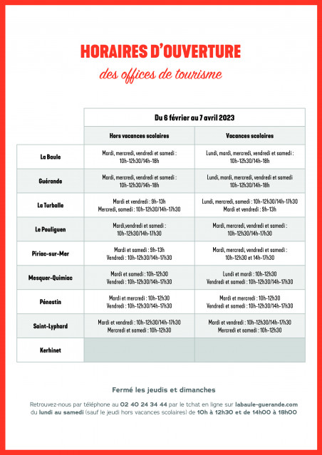 Horaires d'ouvertures des Offices de Tourisme de La Baule Presqu'île de Guérande