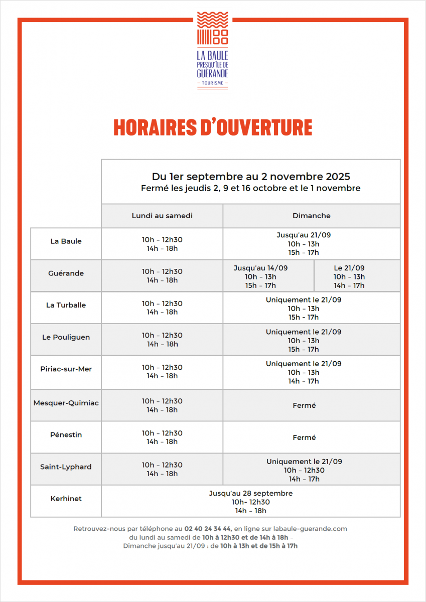 Horaires d'ouverture des Offices de tourisme du 01/09/25 au 02/11/25