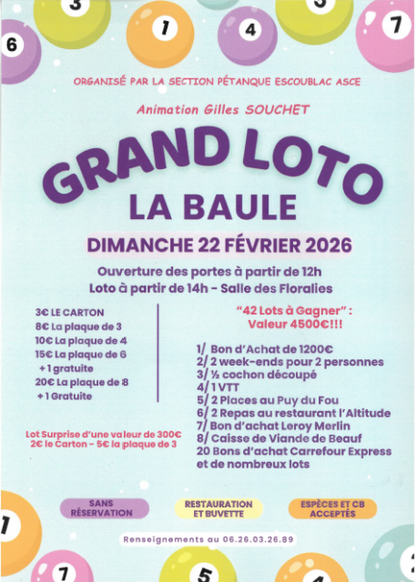 ASCE Pétanque Grand Loto fevrier 2026