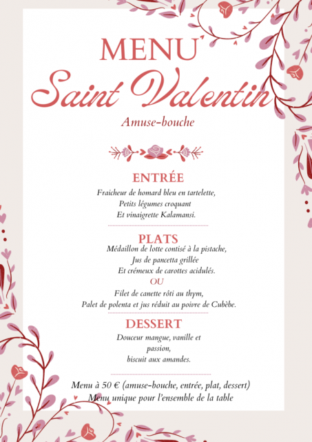 Menu de la Saint-Valentin - Auberge de Kerhinet - Saint-Lyphard