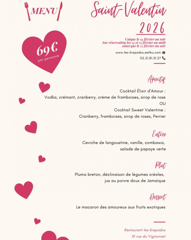 Menu de la Saint-Valentin - Les Krapados Restaurant