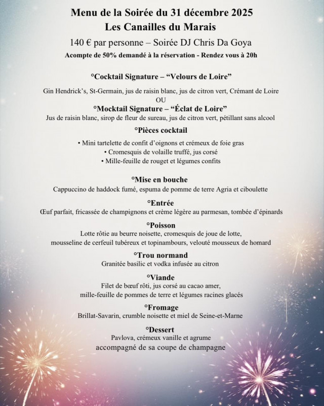 Menu du 31/12 - Auberge Les Canailles du Marais - © Les Canailles du Marais Menu du 31/12 - Auberge Les Canailles du Marais
