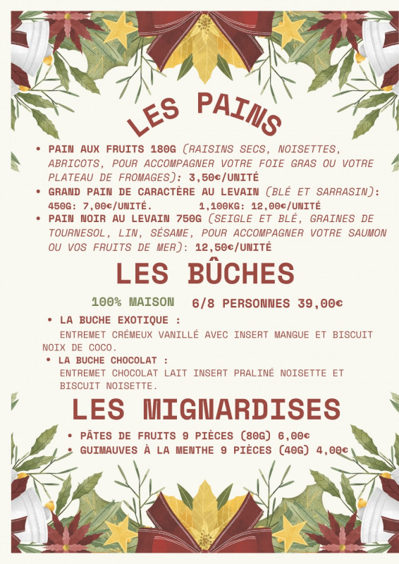 Pains, bûches et mignardises - carte des fêtes - restaurant l'Armoricain